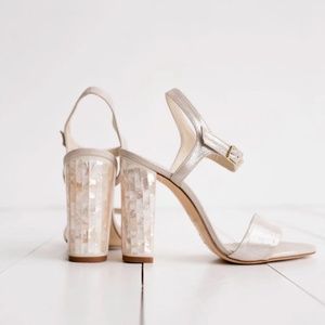 FREYA ROSE MARTINA CHAMPAGNE SUEDE MOTHER OF PEARL BLOCK HEEL SANDALS